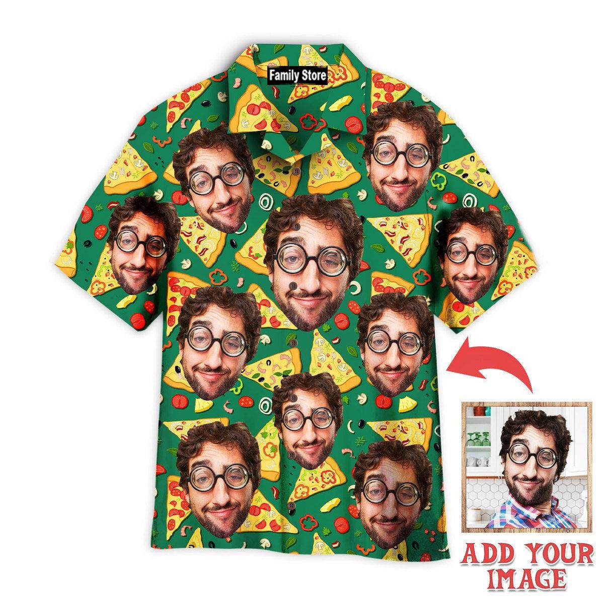 Funny Custom Face Crazy Man Loves Slice Pizza On Green Custom Hawaiian Shirt