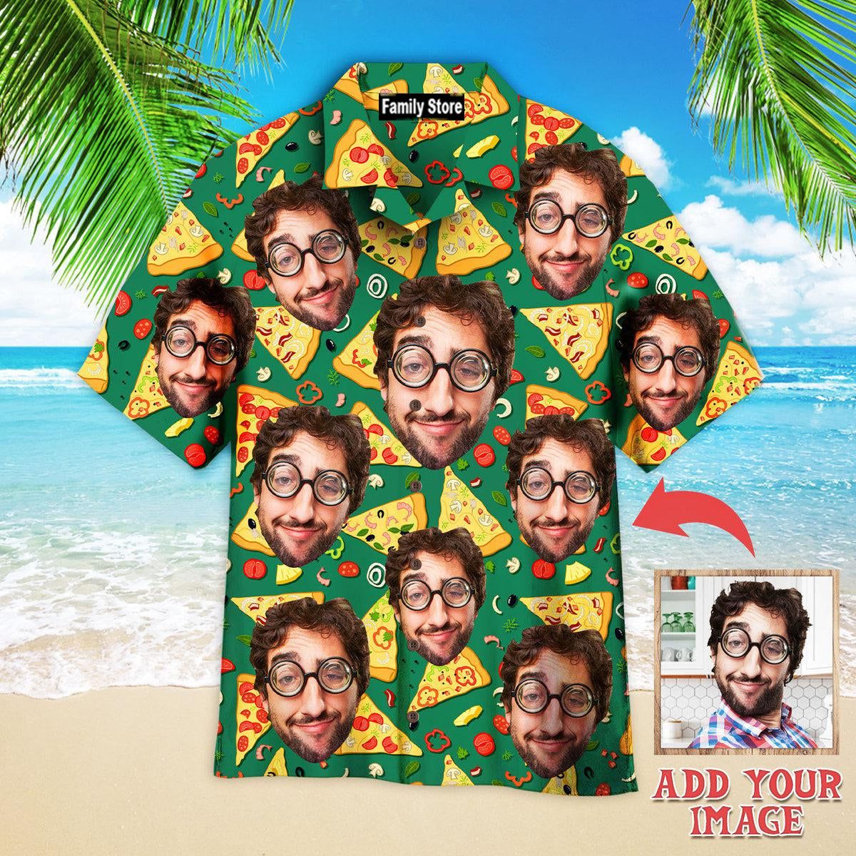 Funny Custom Face Crazy Man Loves Slice Pizza On Green Custom Hawaiian Shirt