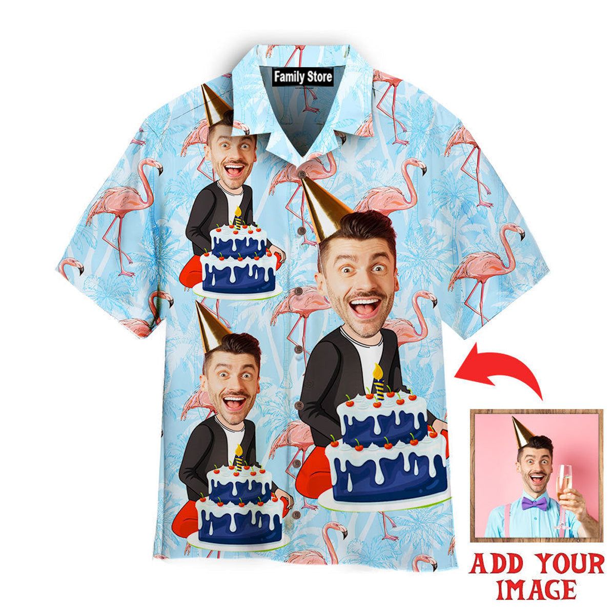 Funny Custom Face Happy Birthday Guy Flamingo On Blue Tropical Custom Hawaiian Shirt
