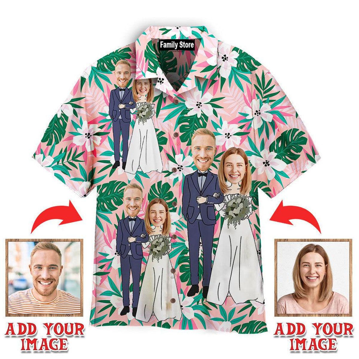 Funny Custom Face Happy Wedding Couple Flower On Pink Tropical Custom Hawaiian Shirt Funny Custom Face Happy Wedding Couple Flower On Pink Tropical Custom Hawaiian Shirt