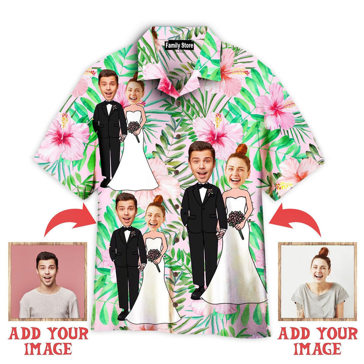 Funny Custom Face Happy Wedding Couple On Tropical Flowers Custom Hawaiian Shirt Funny Custom Face Happy Wedding Couple On Tropical Flowers Custom Hawaiian Shirt