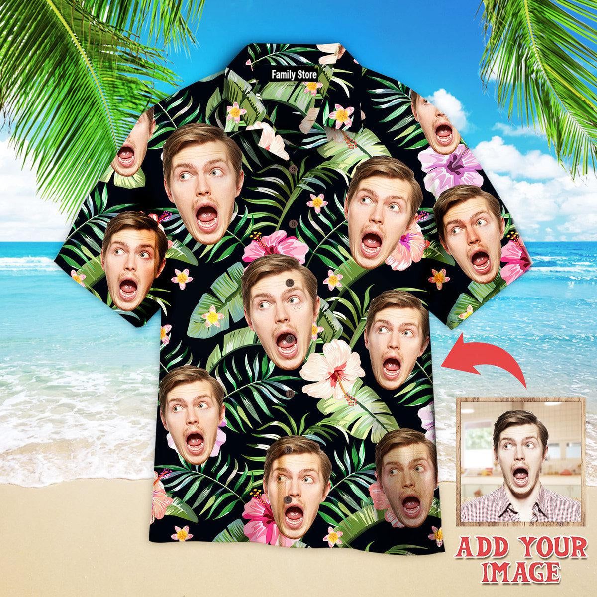 Funny Custom Face Tropical Flowers On Green Custom Hawaiian Shirt