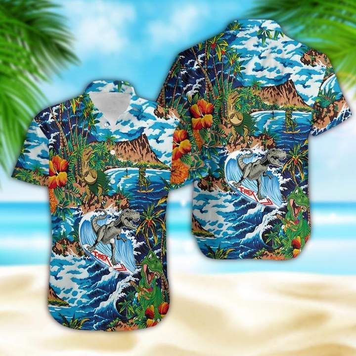 Funny Dinosaur Surfing On Tropical Island Trendy Hawaiian Shirt