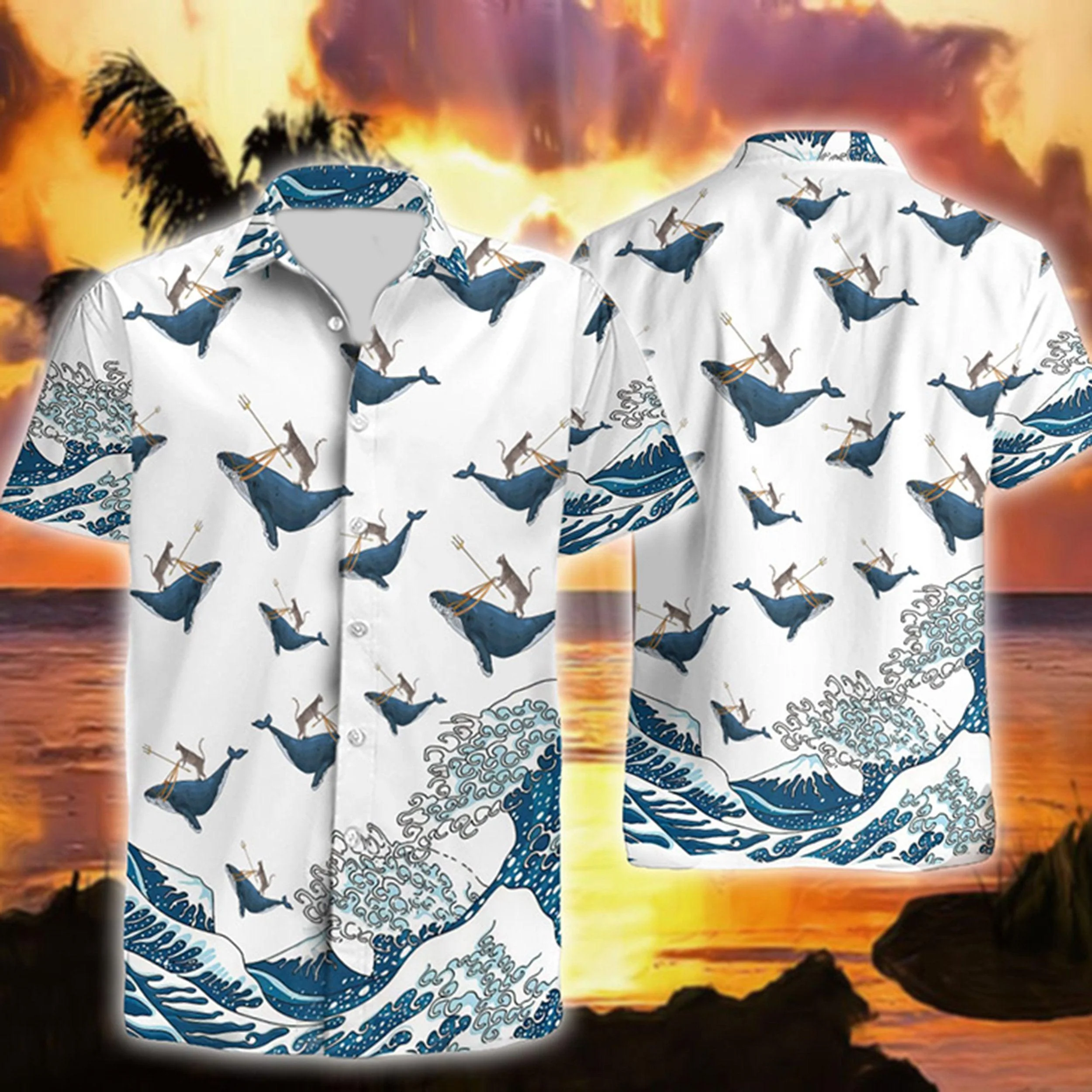 Funny Hawaiian Shirt with Cat Riding a Whale