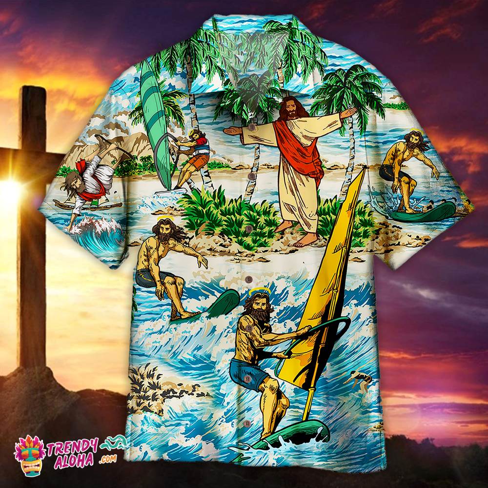 Funny Jesus Surfing Summer Tropical Aloha Hawaiian Aloha Beach Shirt