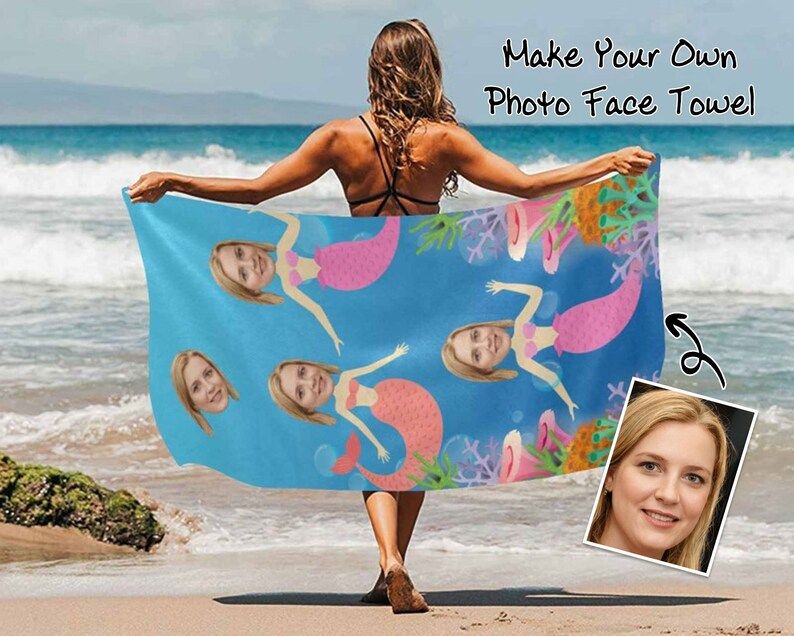 Funny Mermaid Photo Personalized Beach Towels Bachelorette Theme