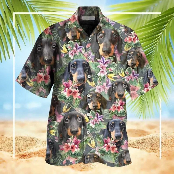 Funny Moment Of Dachshund In Tropical Jungle Trendy Hawaiian Shirt