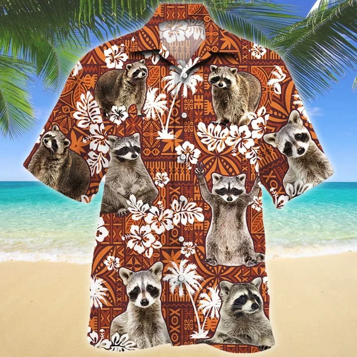 Funny Raccoon On Red Tribal Trendy Hawaiian Shirt, Summer Trendy Hawaiian Shirt Men