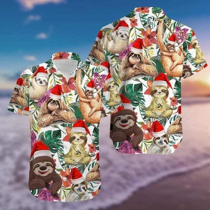 Funny Sloth Merry Christmas Tropical Leaves Vintage Style Design Trendy Hawaiian Shirt