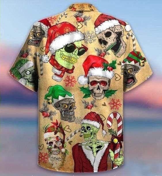 Funny Smiling Skull In Santa Hat Christmas Trendy Hawaiian Shirt, Short Sleeve Hawaiian Aloha Shirt