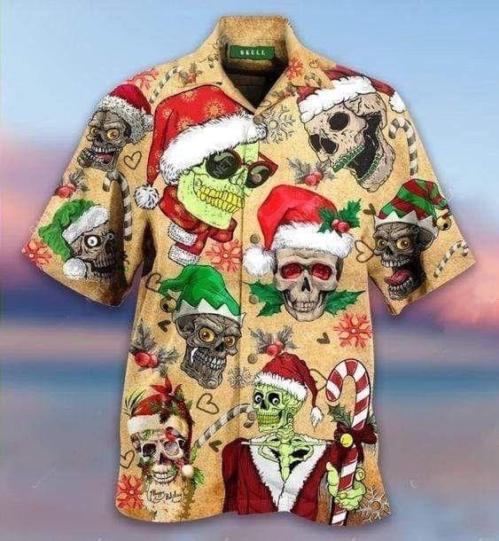 Funny Smiling Skull In Santa Hat Christmas Trendy Hawaiian Shirt, Short Sleeve Hawaiian Aloha Shirt