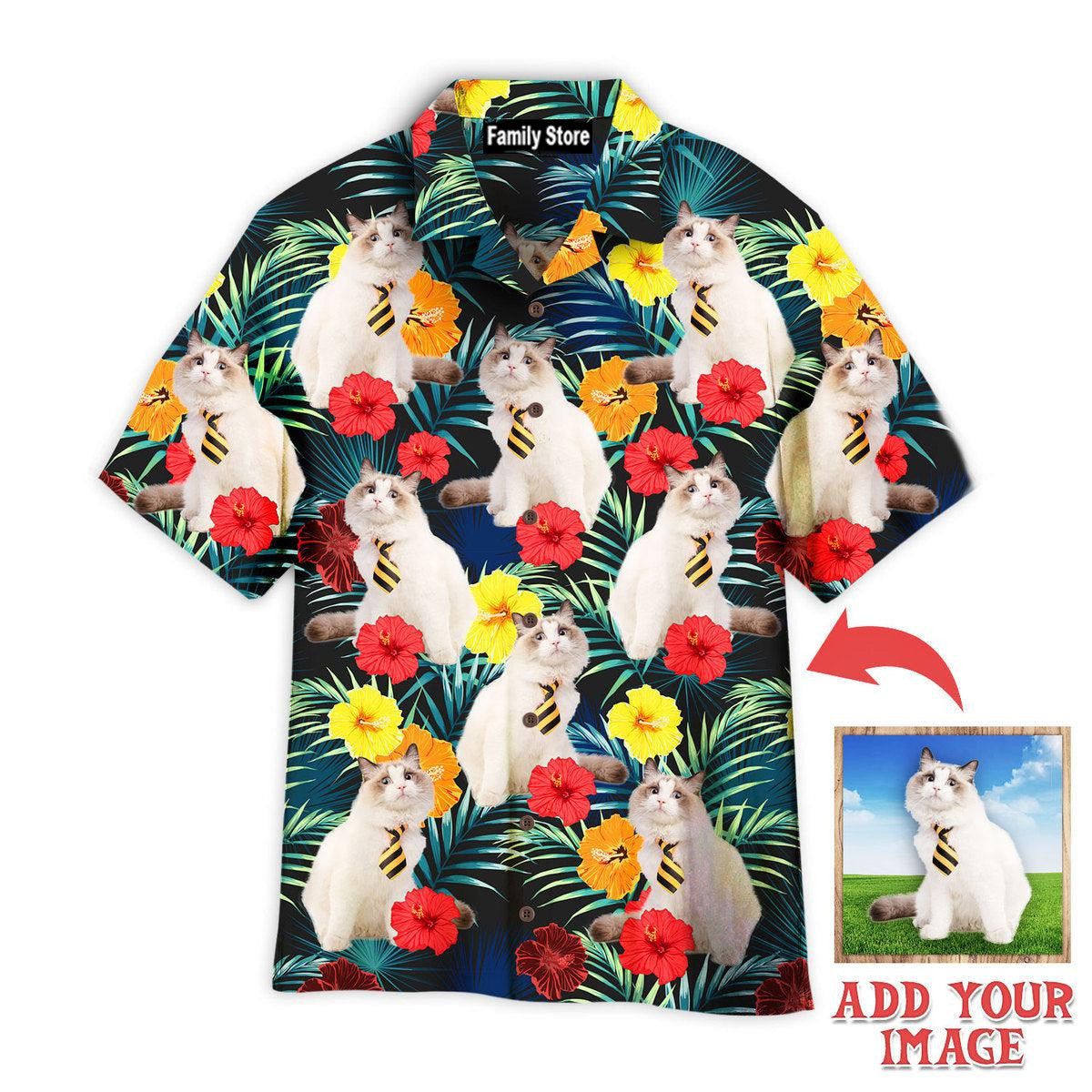 Funny White Cat Sitting Beside Tropical Floral Custom Hawaiian Shirt Funny White Cat Sitting Beside Tropical Floral Custom Hawaiian Shirt