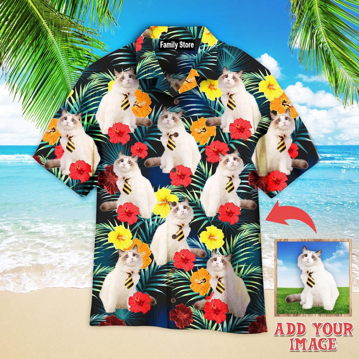 Funny White Cat Sitting Beside Tropical Floral Custom Hawaiian Shirt
