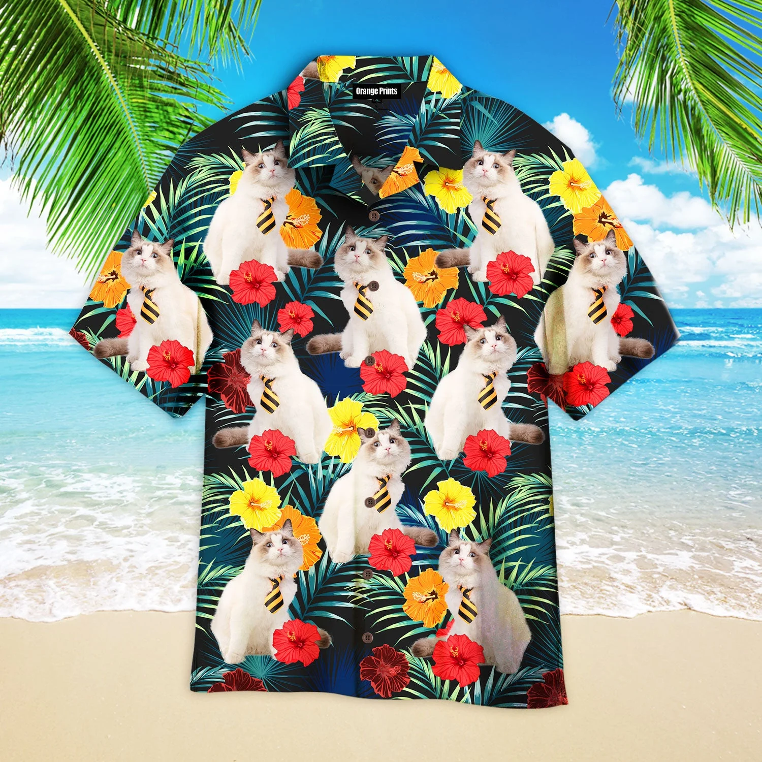 Funny White Cat Sitting Beside Tropical Floral Pattern Trendy Hawaiian Shirt For Aloha Shirt