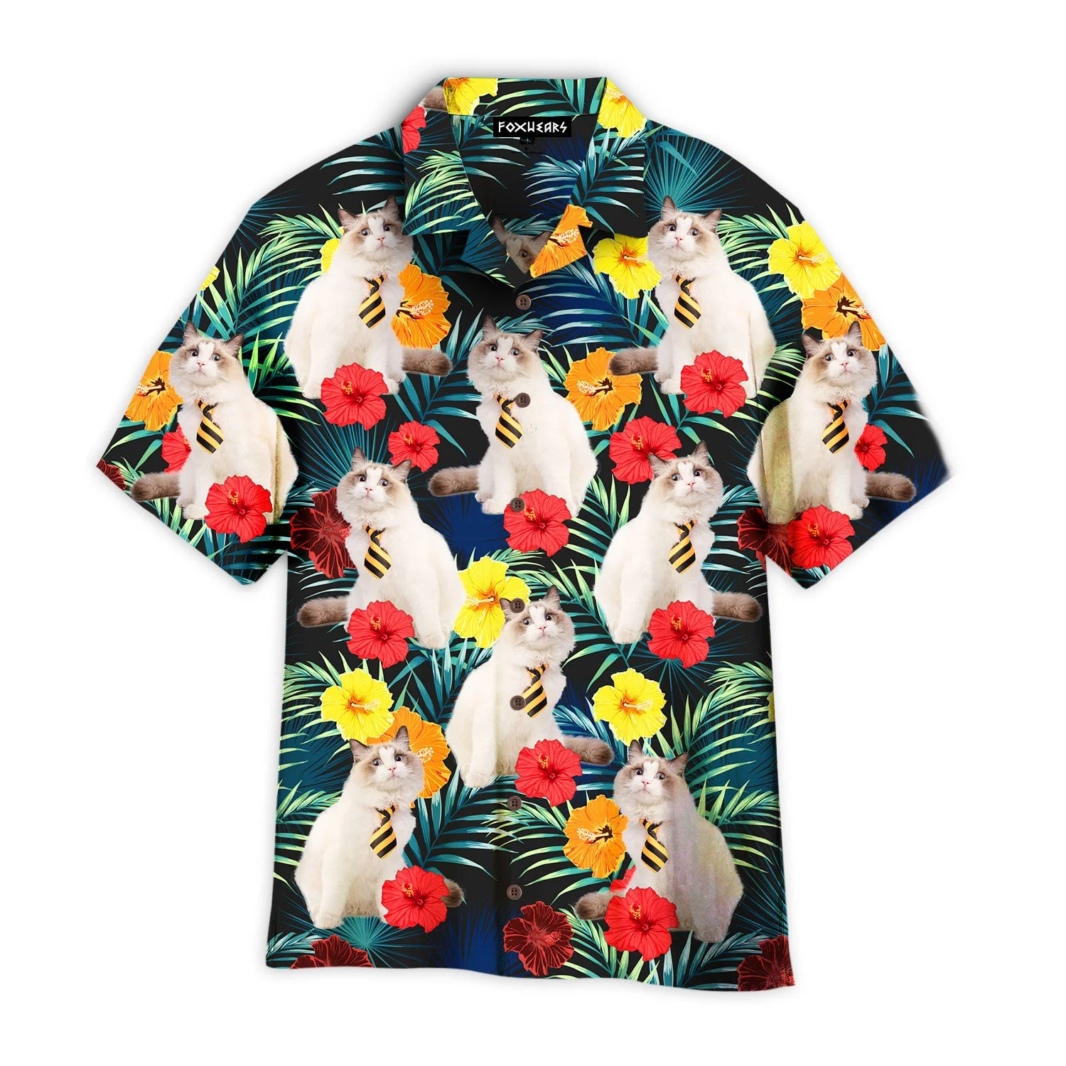 Funny White Cat Sitting Beside Tropical Floral Pattern Trendy Hawaiian Shirt For Aloha Shirt