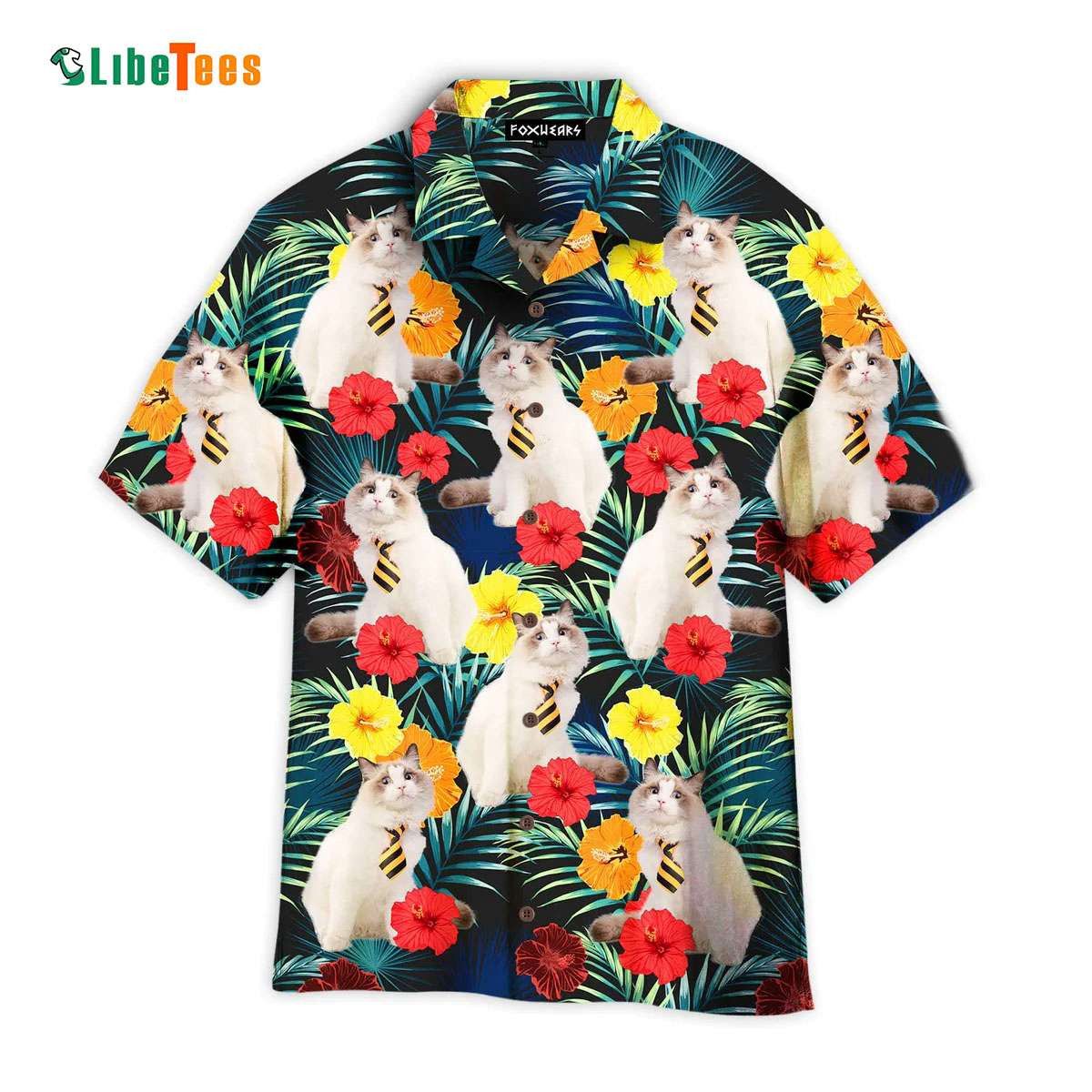 Funny White Cat Sitting Tropical Floral Pattern, Cat Trendy Hawaiian Shirt Perfect Gifts For Your Loved Ones