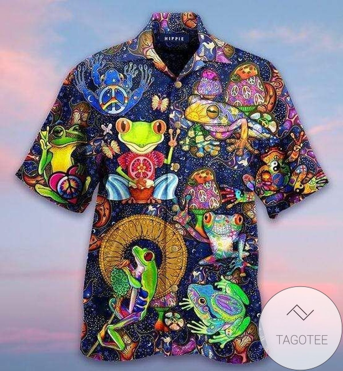 Galactic Hippie Frog Displayed Prominently on Hawaiian Shirt