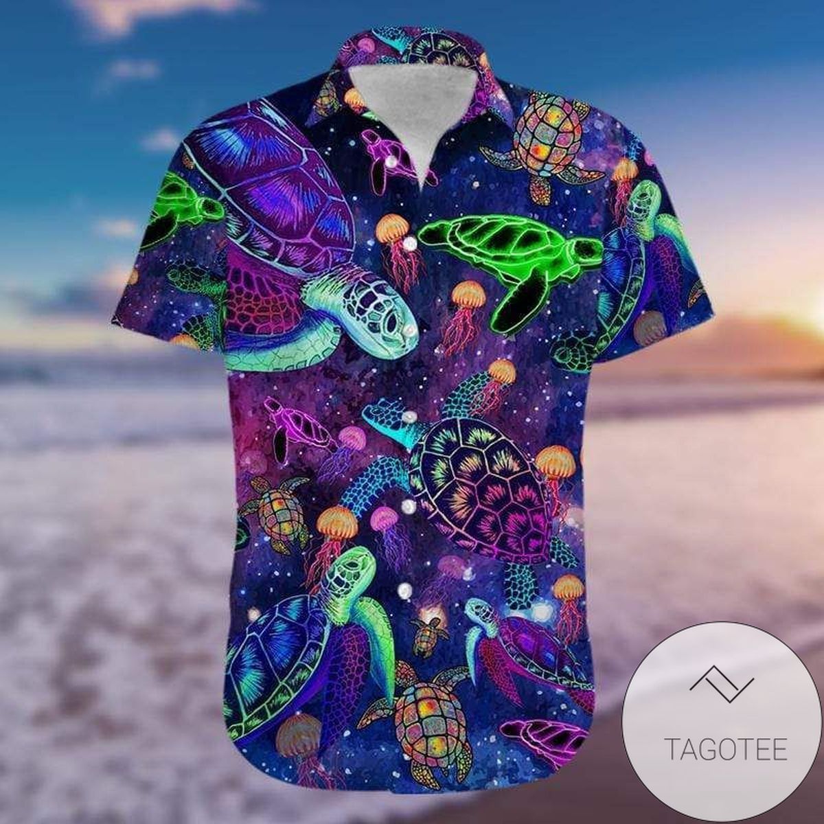 Galactic Hippie Turtle in Starry Hawaiian Shirt Design