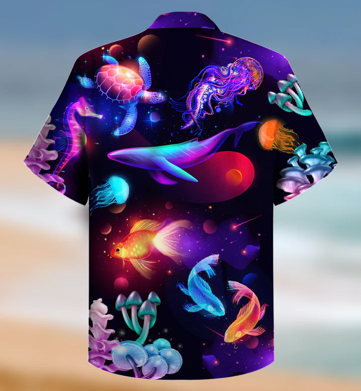 Galaxy Universe Fishes Whale Turtle Golden Fish Sea Creature Neon Glow Trendy Hawaiian Shirt 3D Summer Gifts