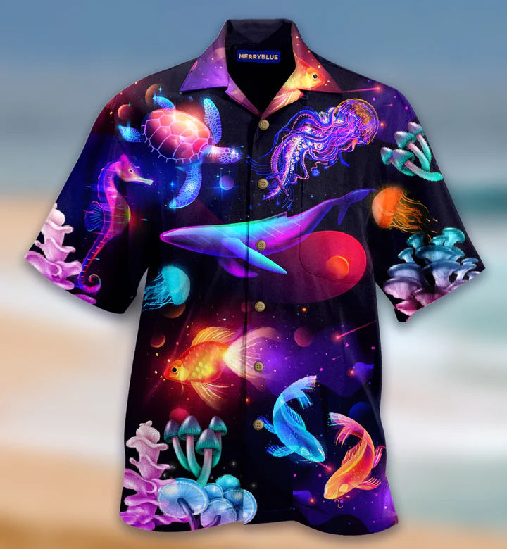 Galaxy Universe Fishes Whale Turtle Golden Fish Sea Creature Neon Glow Trendy Hawaiian Shirt 3D Summer Gifts