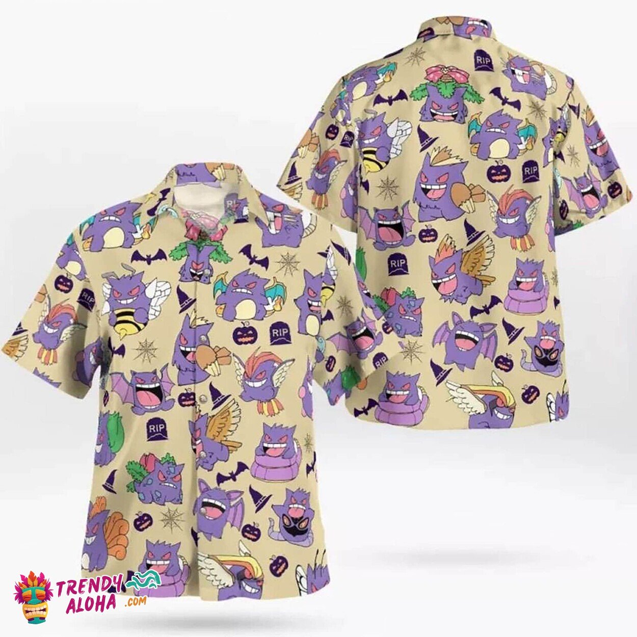Gengar Ghost Japanese Anime Inspired Birthday Hawaiian Button-Up Shirt