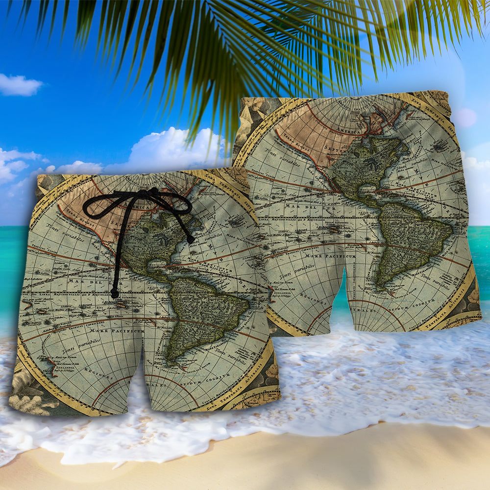 Geography World Map Vintage Trendy Aloha Hawaiian Beach Shorts