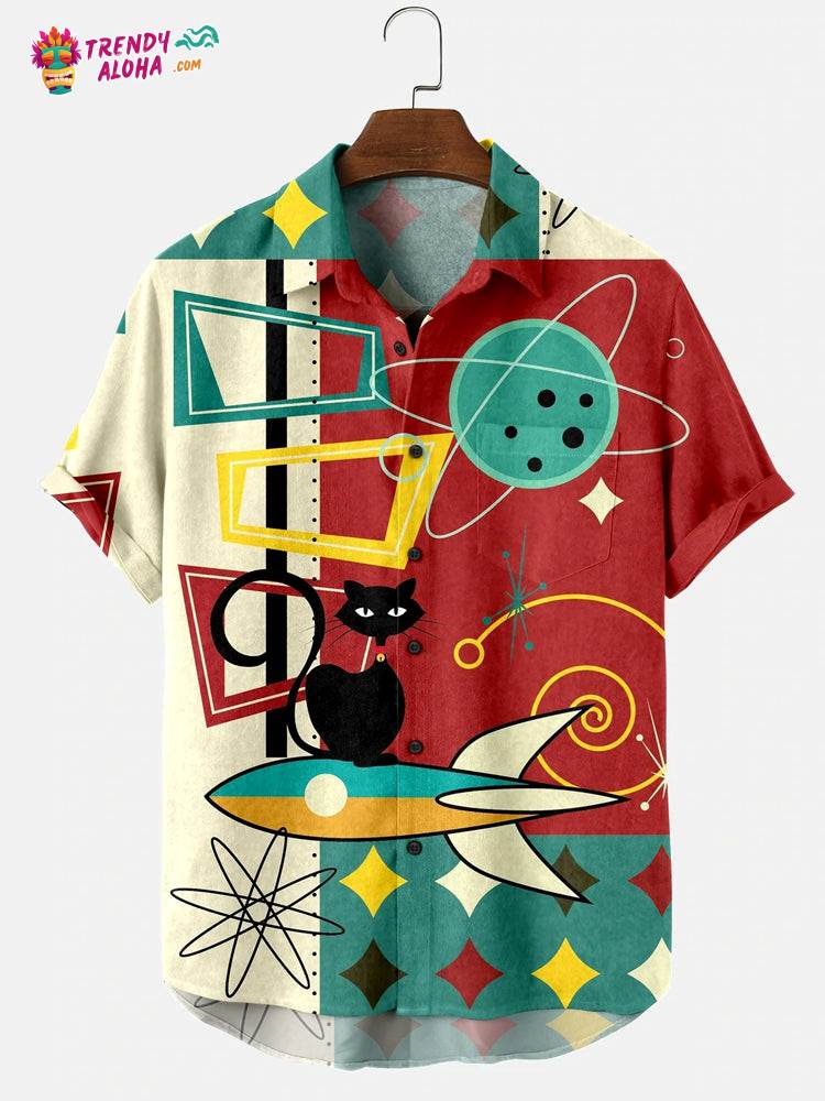 Geometric Cat Print Holiday Short-Sleeved Trendy Aloha Shirt