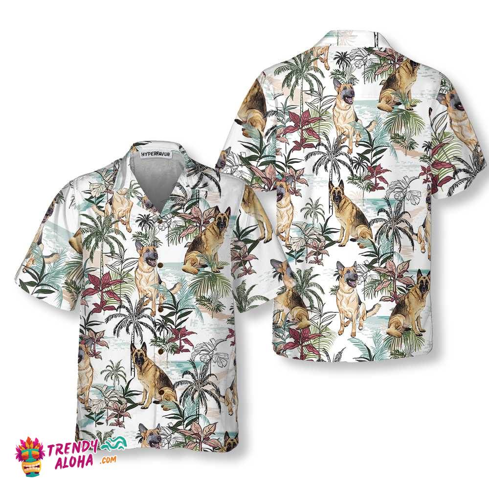 German Sheperd Summer Tropical Pattern Hawaiian Shirt, Tropical German Sheperd Shirt For Dog Lovers German Sheperd Summer Tropical Pattern Hawaiian Shirt, Tropical German Sheperd Shirt For Dog Lovers