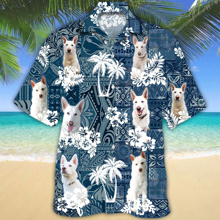 German Shepherd 3D Hawaiian Shirt Tropical Blue White Exquisite Pattern