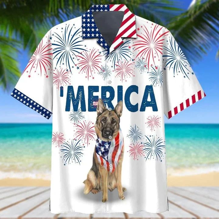 German Shepherd American Flag Red And White Firework Hawaiian Shirt