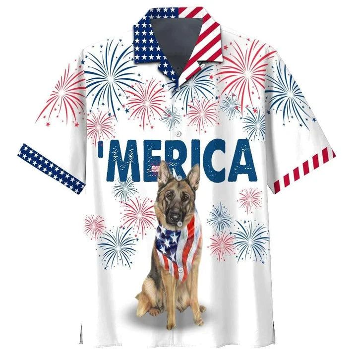 German Shepherd American Flag Red And White Firework Hawaiian Shirt