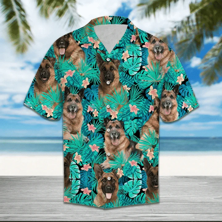 German Shepherd Behind Tropical Leave And Flower Trendy Hawaiian Shirt German Shepherd Behind Tropical Leave And Flower Trendy Hawaiian Shirt
