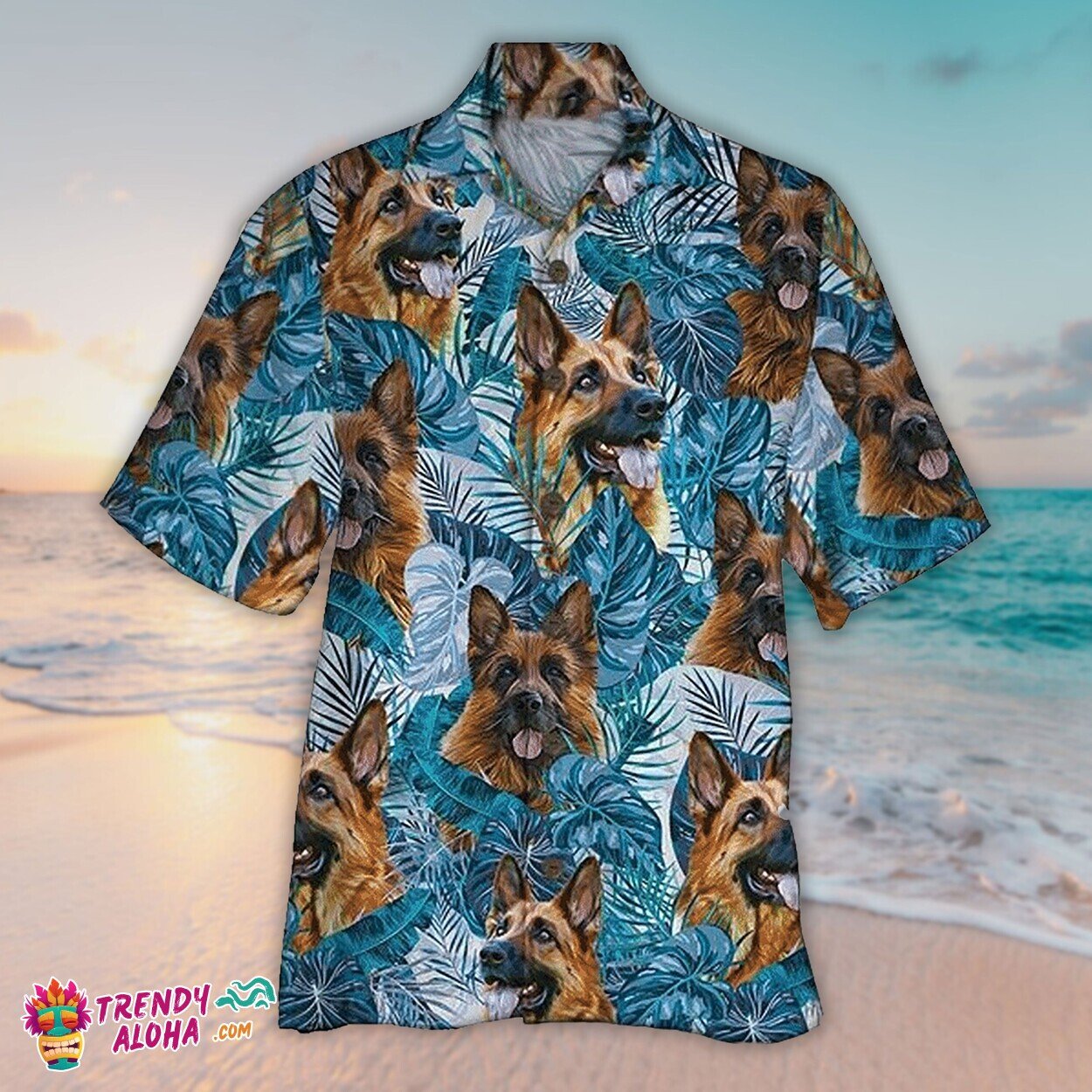 German Shepherd Custom Unisex Hawaiian Aloha Blue Short Sleeve Shirt