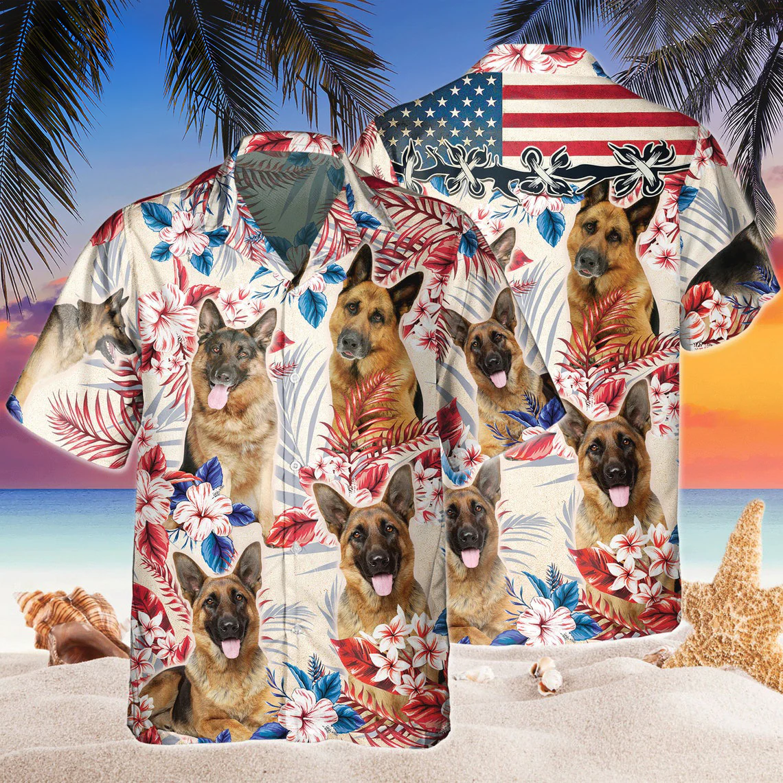 German Shepherd Dog United States Flag Hawaiian Flowers All Over Printed 3D Hawaiian Shirt German Shepherd Dog United States Flag Hawaiian Flowers All Over Printed 3D Hawaiian Shirt
