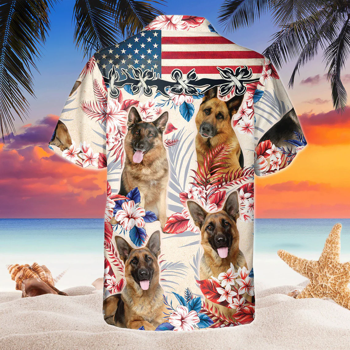 German Shepherd Dog United States Flag Hawaiian Flowers All Over Printed 3D Hawaiian Shirt