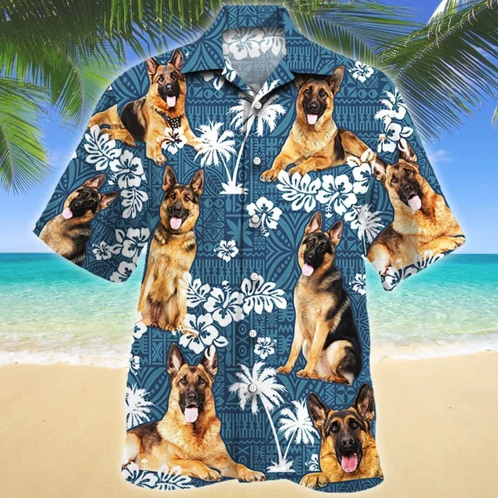 German Shepherd Shirts, Tongue Out German Shepherd Dog Lovers Blue Tribal Pattern Trendy Hawaiian Shirt