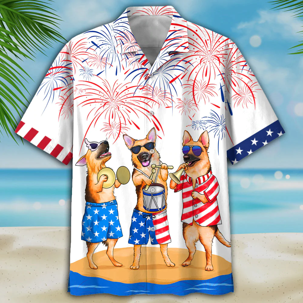 German Shepherd Trendy Hawaiian Shirt, Men’s Usa Patriotic Trendy Hawaiian Shirt, Patriotic Aloha Shirts