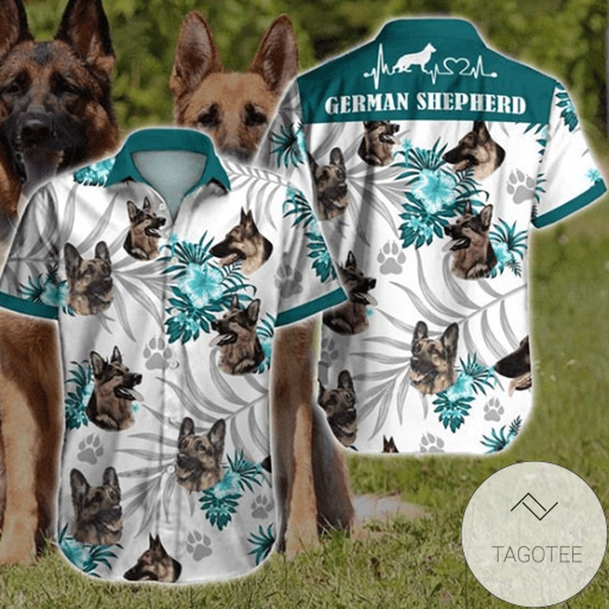 German Shepherd’s Majestic Stance in Blue Hawaiian Shirt