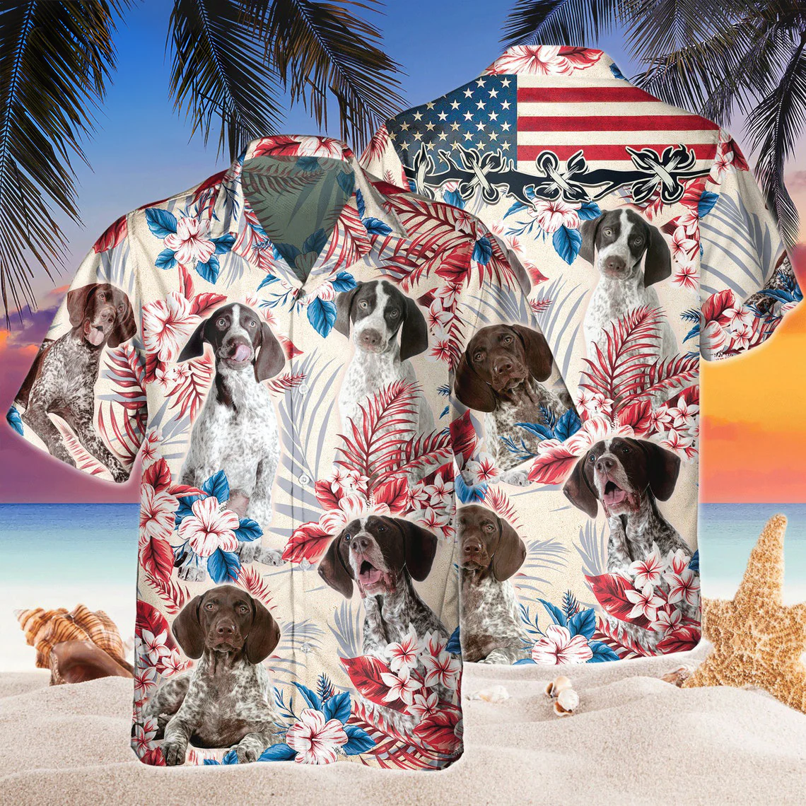 German Shorthaired Pointer Dog United States Flag Hawaiian Flowers All Over Printed 3D Hawaiian Shirt