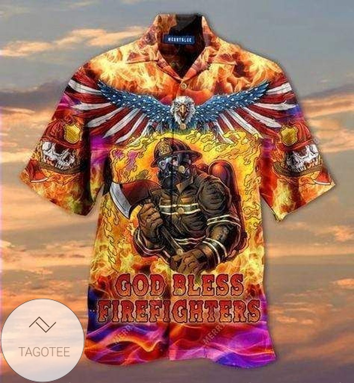 Get Here Hawaiian Shirts God Bless Firefighters Skull