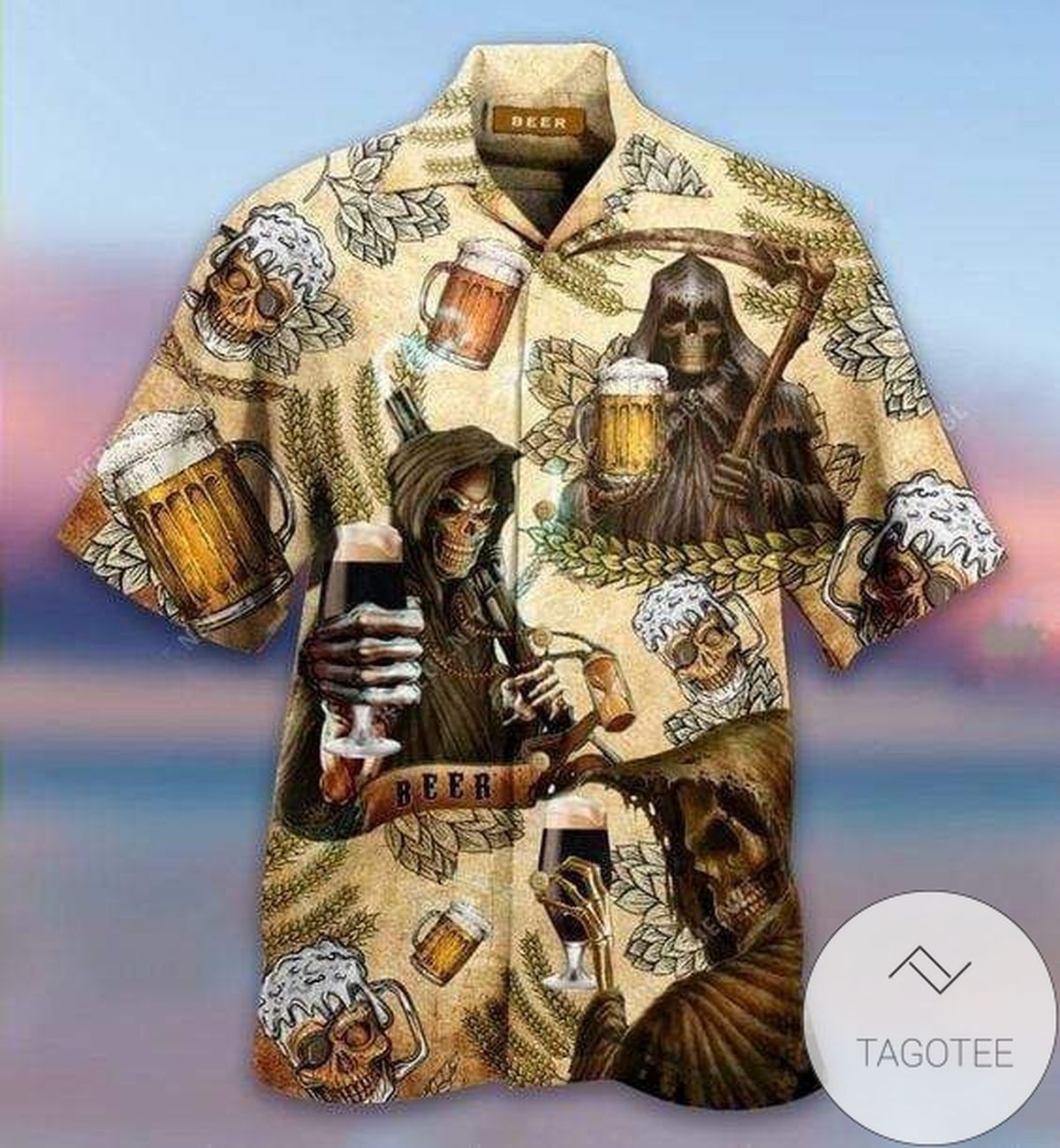 Get Here Hawaiian Shirts Grim Reaper Wishper Back Bring Beer