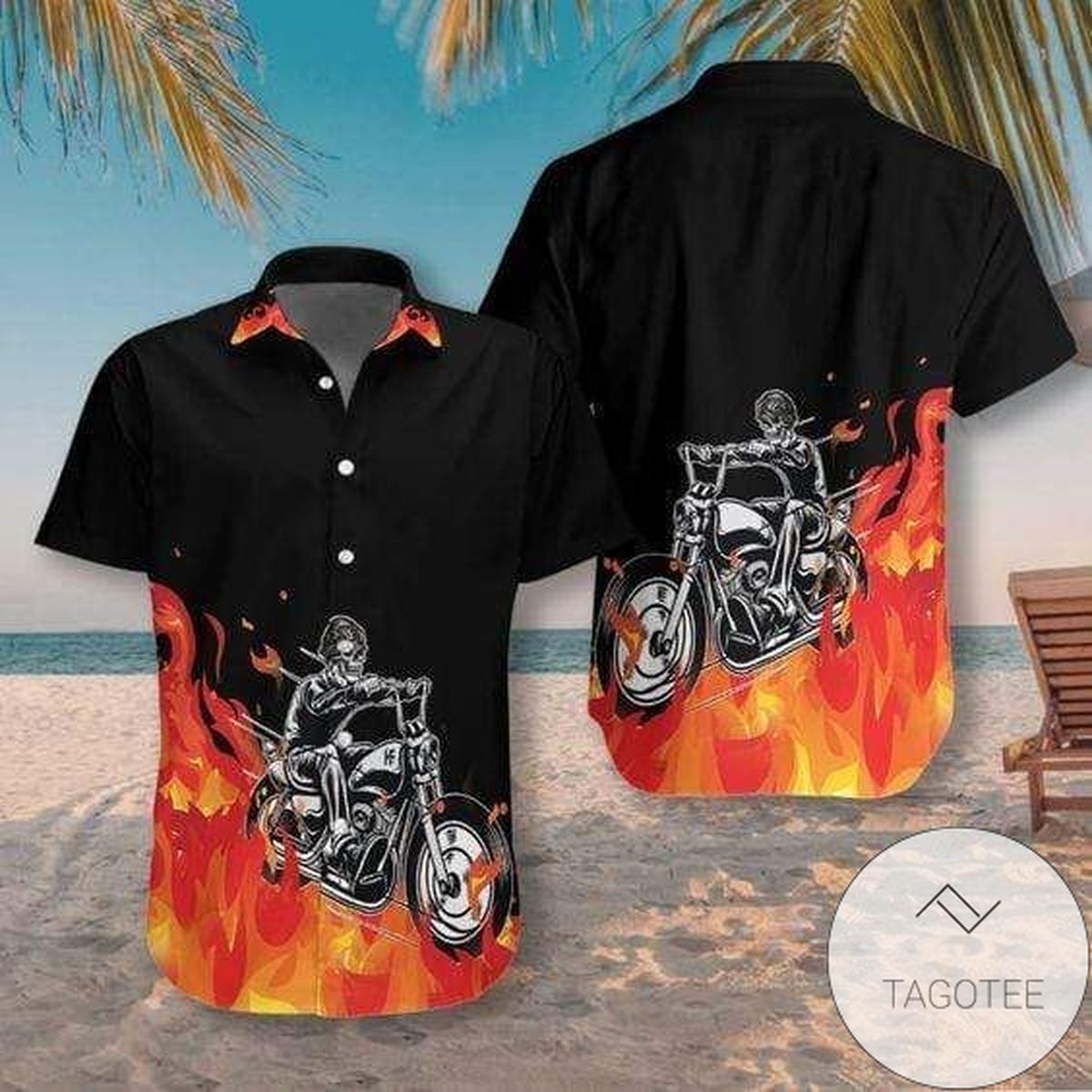 Get Here Hawaiian Shirts Motorcycle Skull On Fire