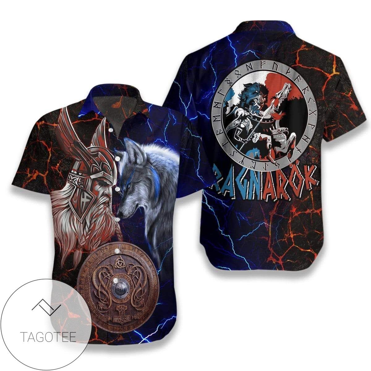 Get Here Hawaiian Shirts Wolf Viking Odin And Fenrir Battle