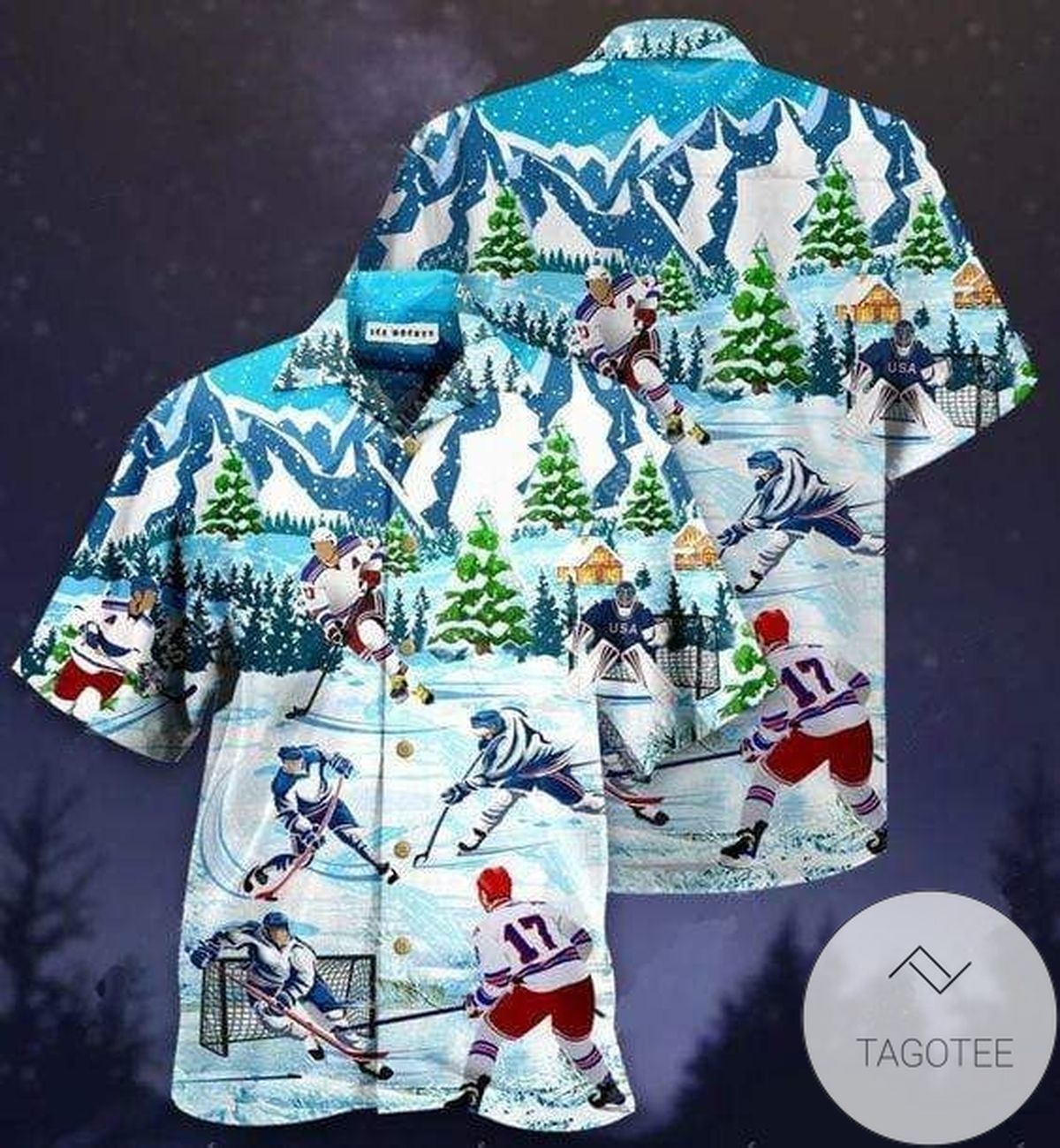 Get Here Ice Hockey Player Under Snowy Blue Unisex Hawaiian Shirts