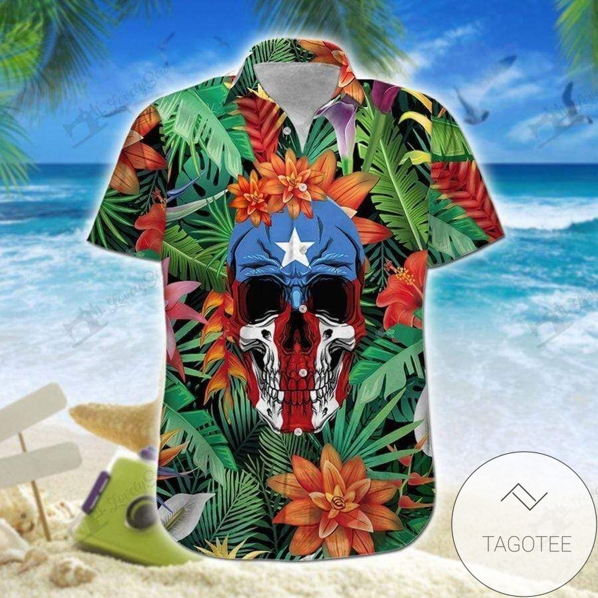 Get Here Puerto Rico Skull Flowers Summer Vibe Tropical Hawaiian Shirts