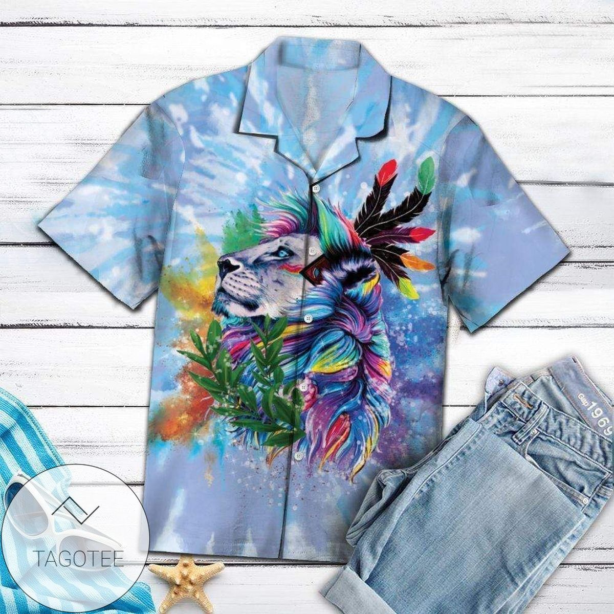 Get Here Tie-dye Native American Lion Colorful Feather Hawaiian Shirts