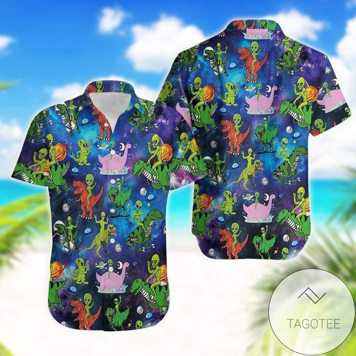 Get Now Hippie Trippy Alien Riding Dinosaur T-rex Tiedye Hawaiian Shirts