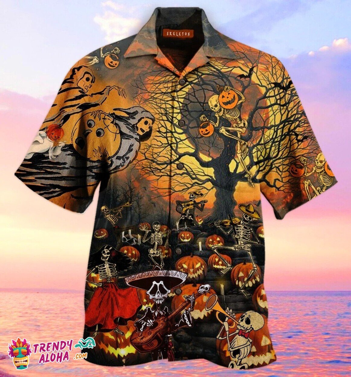Ghosh Skeletons Pumpkin Field Halloween Premium Hawaiian Shirt
