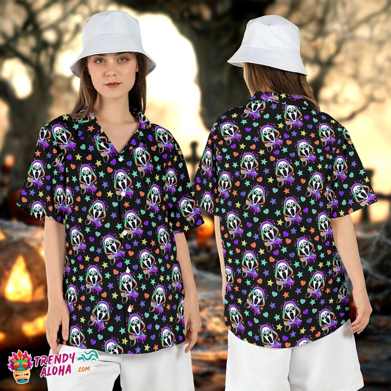 Ghost Face Neon Color Scream Movie Halloween Aloha Sleeve