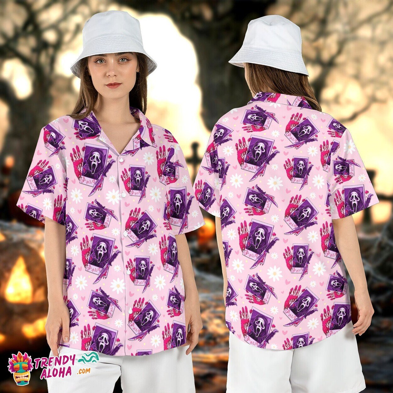 Ghostface Pink Horror Scream Movie Call Me Halloween Aloha Tee